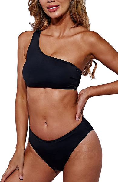 Sea Siren One-Shoulder Bikini Set: Black Crop Top Swimsuit – Summer Sea  Siren